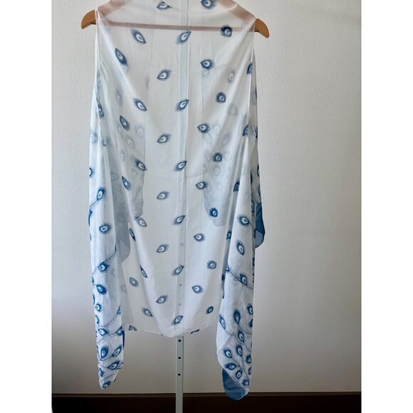 Sheer Cardigan OS Peacock Feather Print Sleeveless Boho Whimsical Beachy Coastal - Picture 5 of 11